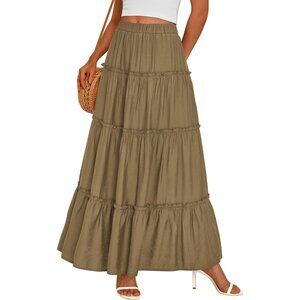 Women Army Green Boho Long Flowy A Line Tiered Beach Vacation Clothes Maxi Skirt